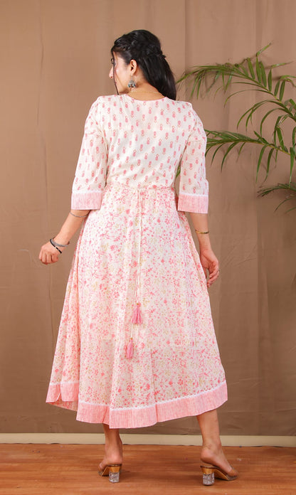 Peach Orange Printed Alia Cut Kurta Set with Dupatta
