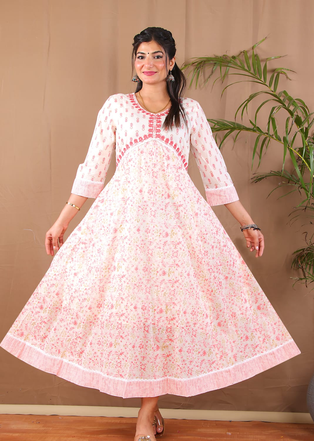 Peach Orange Printed Alia Cut Kurta Set for Women
