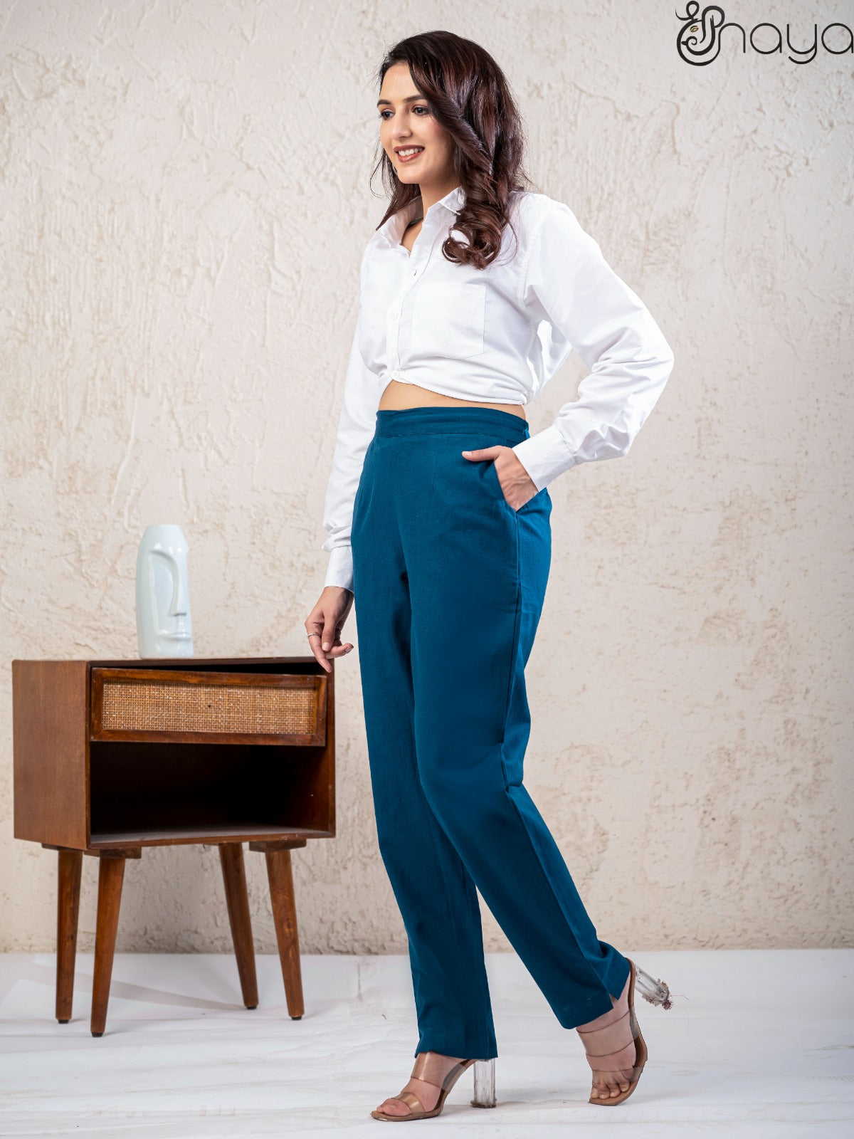 Peacock blue linen trousers women summer wear