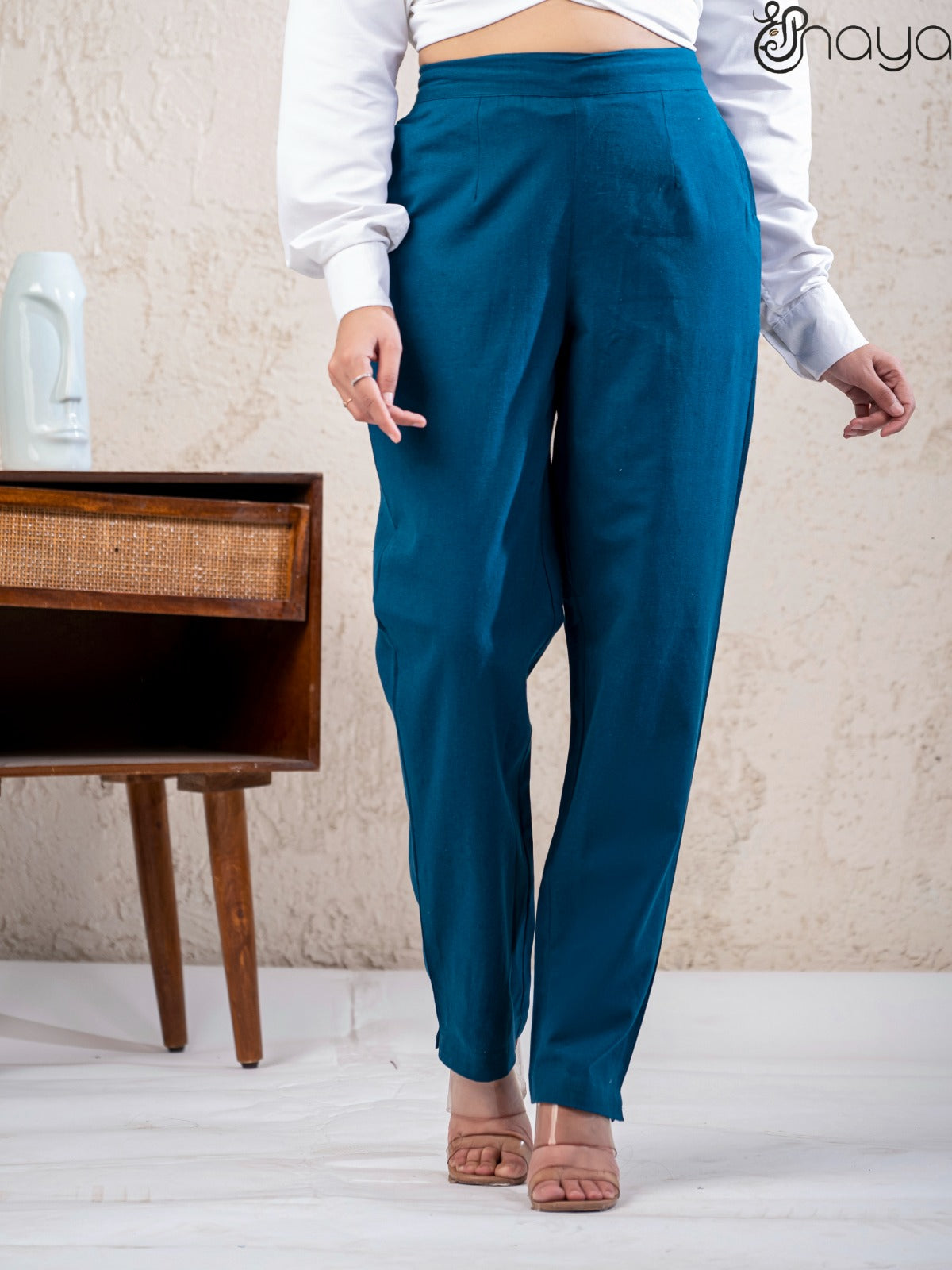 Peacock blue cotton linen straight fit pants daily wear