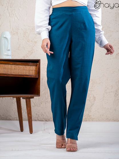 Peacock blue cotton linen straight fit pants daily wear