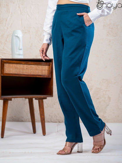 Women peacock blue cotton linen pants casual wear