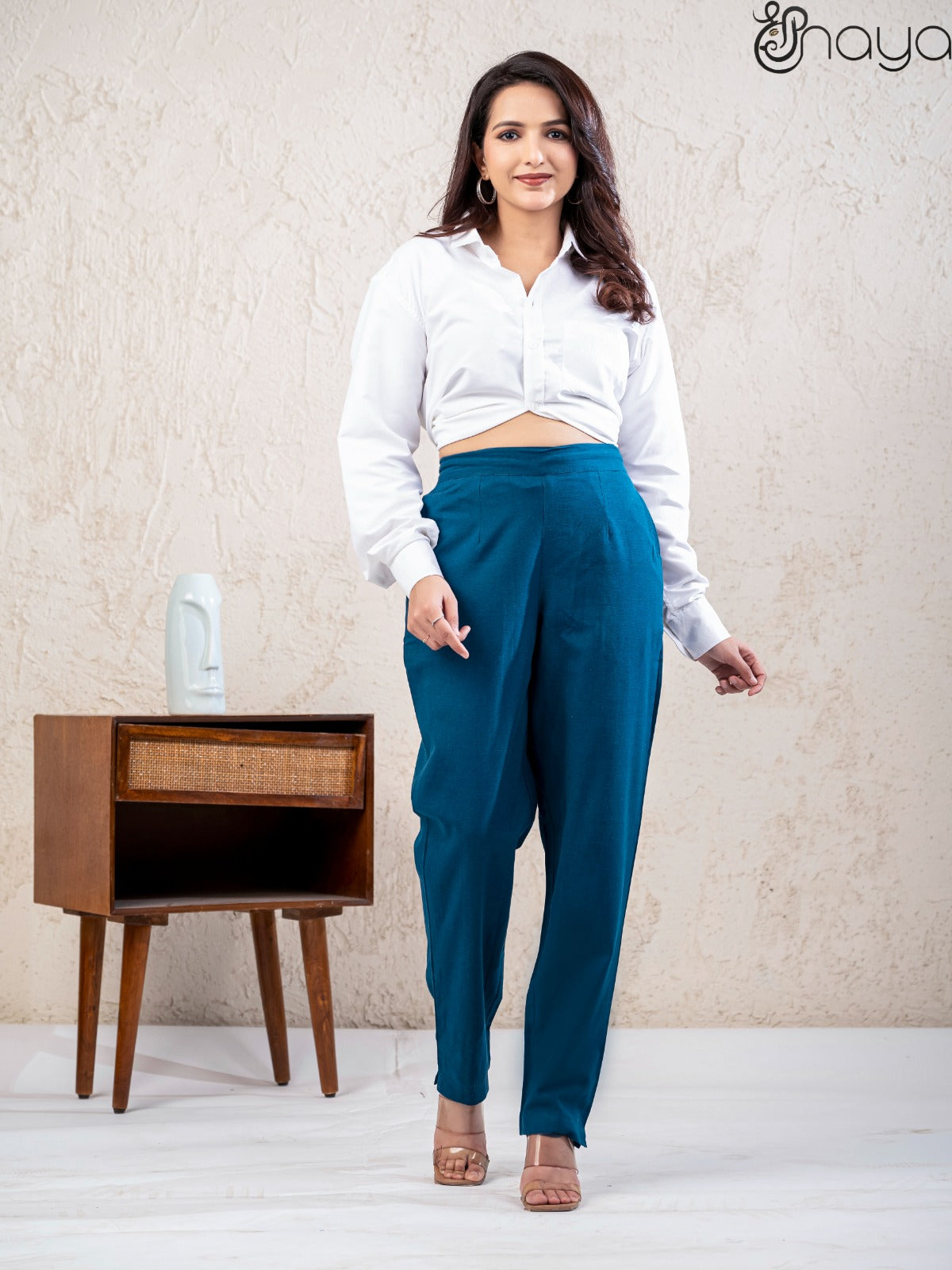 Soft cotton linen peacock blue pants stylish look
