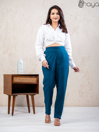 Soft cotton linen peacock blue pants stylish look