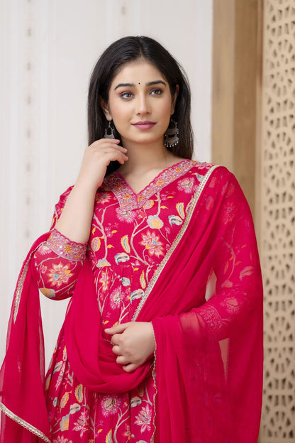 Pink Embroidered Chinon Anarkali Kurta Set with Dupatta