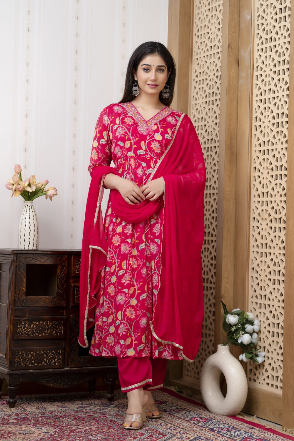 Pink Chinon Anarkali Kurta Pant Dupatta Front View – Shreenaya