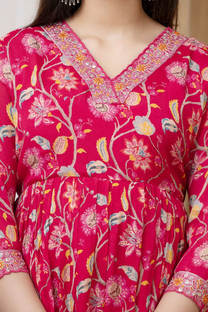 Pink Festive Chinon Anarkali Kurta Set with Dupatta