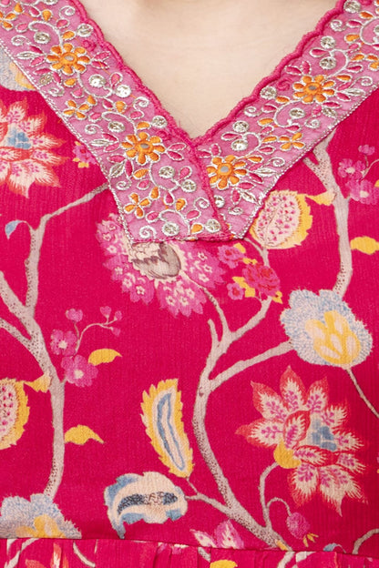 Pink Chinon Anarkali Kurta Pant Dupatta Fabric Detail