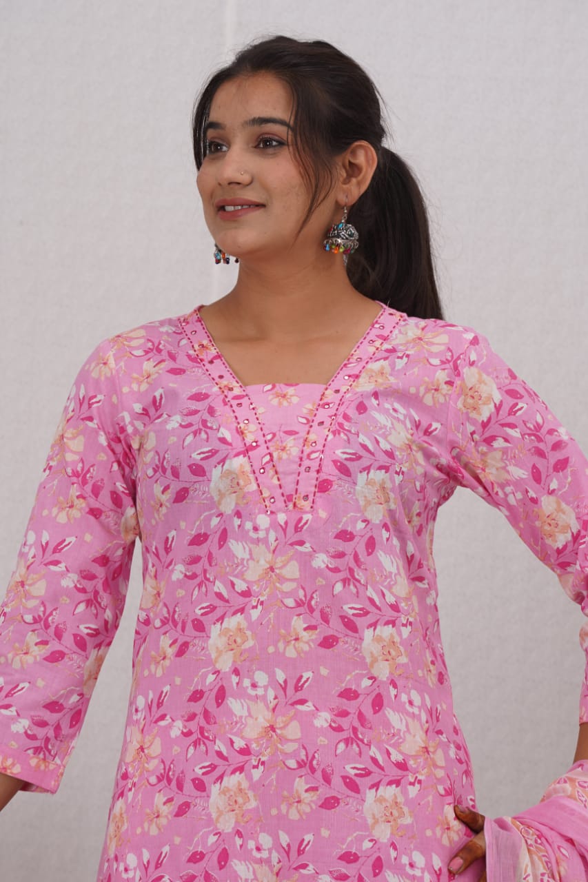 Pink printed cotton kurta pant dupatta ethnic wear
