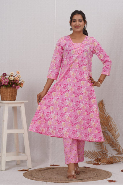 Comfortable pink A-line kurta set women ethnic wear
