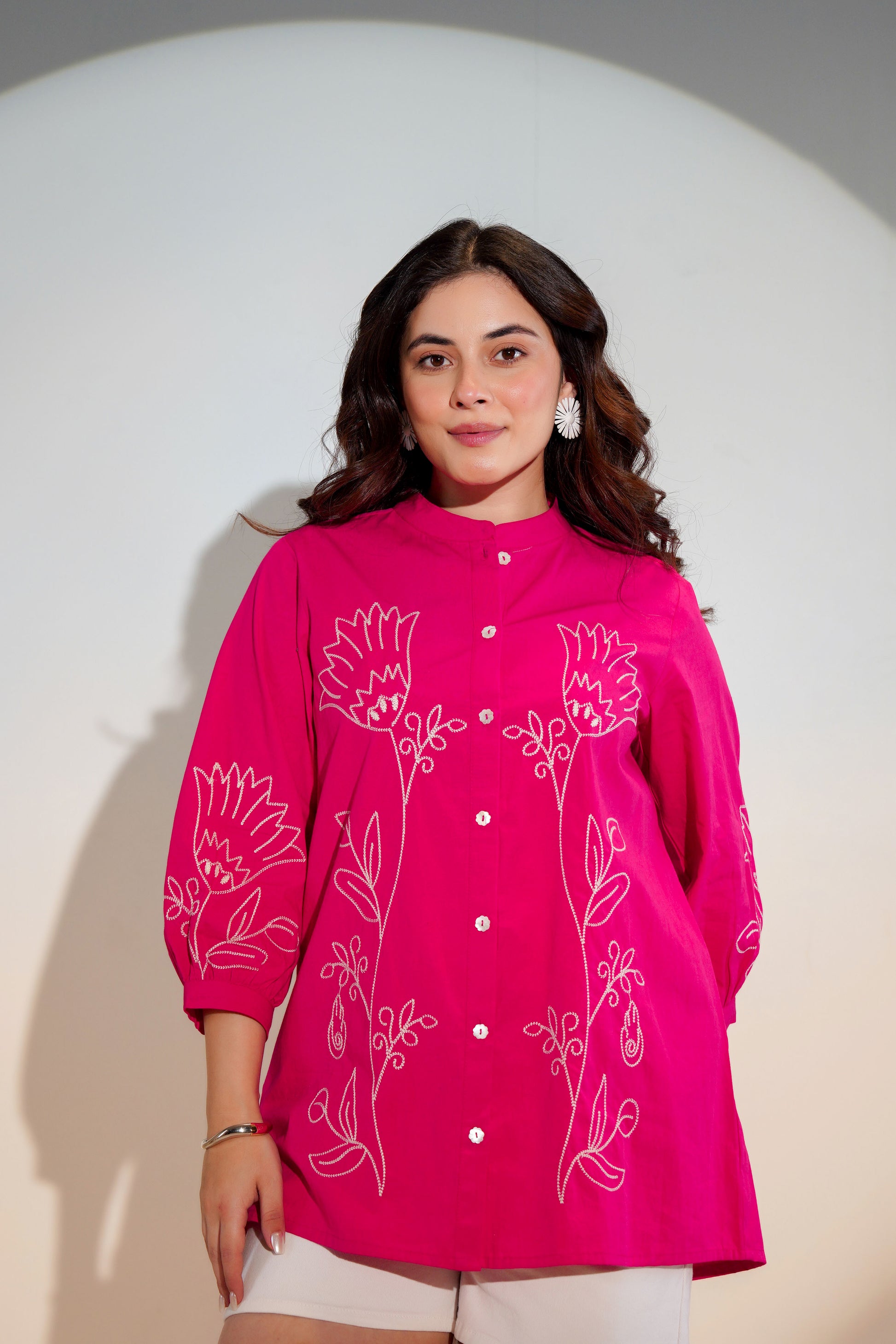 Pink embroidered shirt for women cotton casual wear