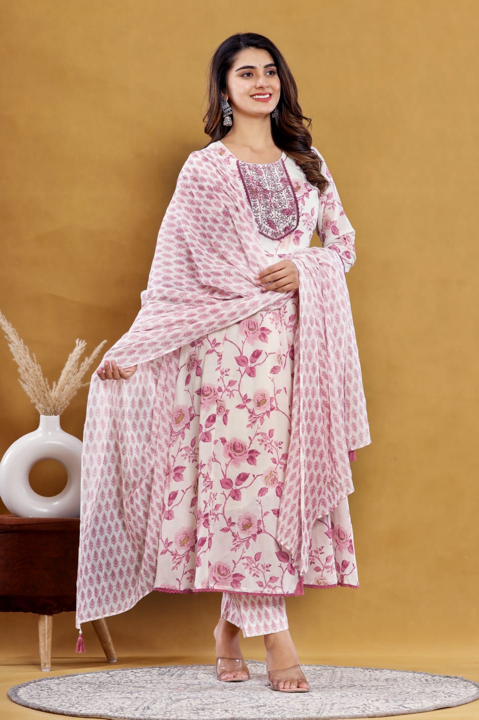Pink Floral Anarkali Kurta Set Front View – Shreenaya