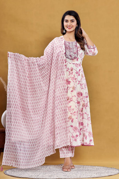 Pink Floral Ethnic Anarkali Suit Set Casual Wear