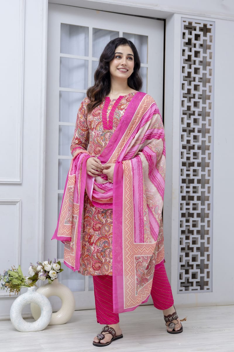 pink printed kurta pant dupatta set for women