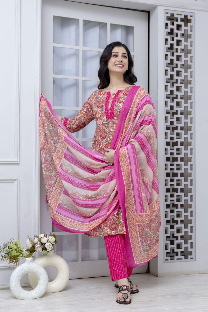 buy pink cotton kurta set with pant and printed dupatta