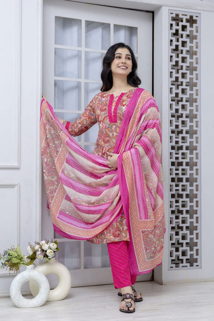 buy pink cotton kurta set with pant and printed dupatta