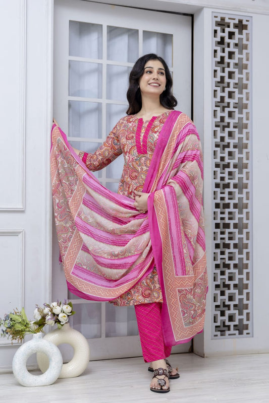buy pink cotton kurta set with pant and printed dupatta