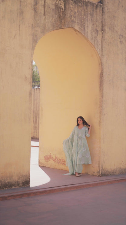 Sea Green Cotton Printed A Line Kurta Plazzo Dupatta Set