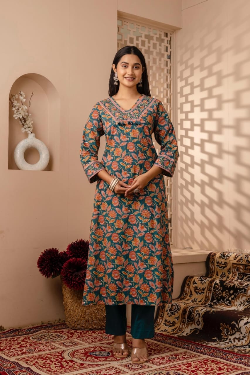 rama green kurta set front floral print detail