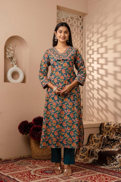 rama green kurta set front floral print detail