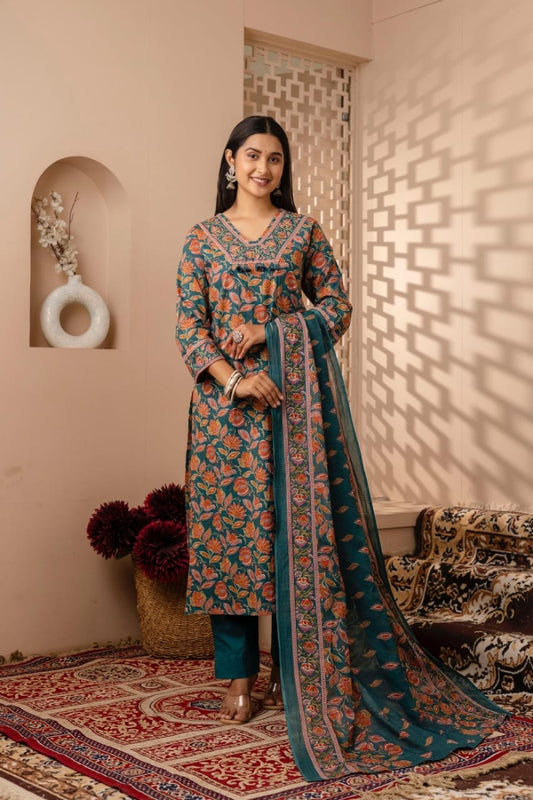 rama green floral printed kurta pant dupatta set for women