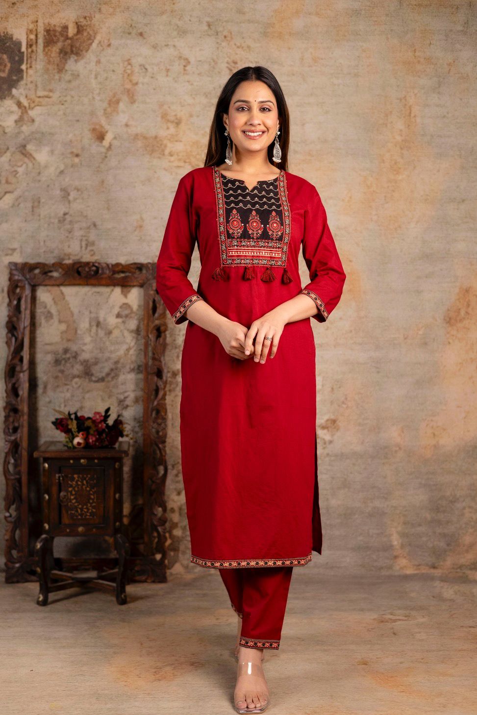 Red black straight kurta pant dupatta outfit