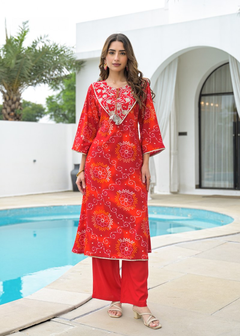 Red bhandej printed kurta pant dupatta set