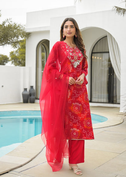 Red bandhani kurta pant dupatta traditional outfit
