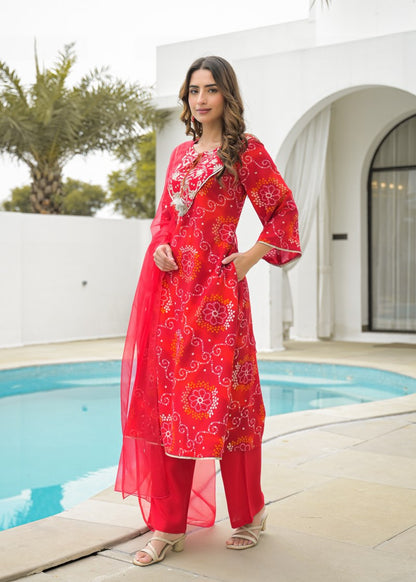 Stylish red bhandej kurta set festive wear