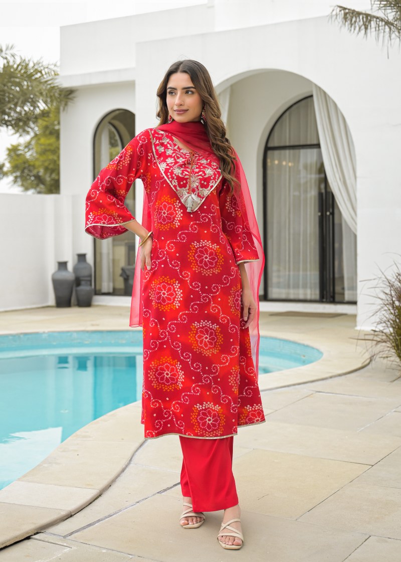 Red cotton straight kurta pant dupatta ethnic wear