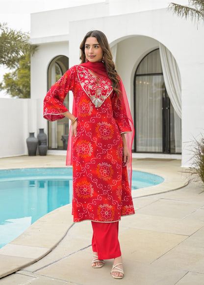 Red cotton straight kurta pant dupatta ethnic wear