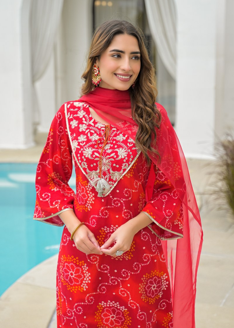 Women red bandhani cotton kurta set with dupatta