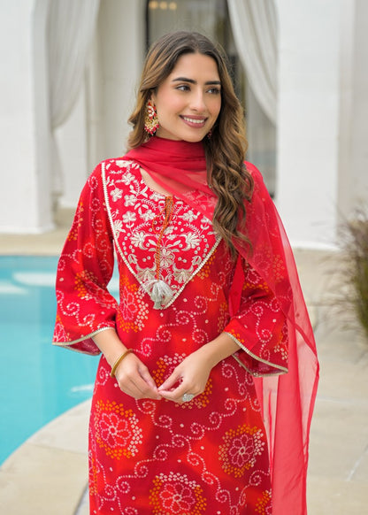 Women red bandhani cotton kurta set with dupatta