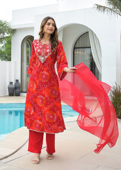 Red cotton bhandej kurta pant dupatta set for women