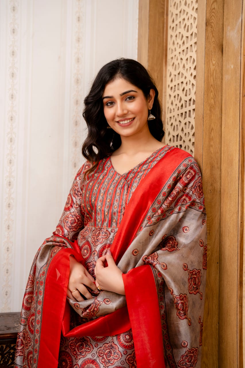 red grey Manipuri silk printed kurta pant dupatta set