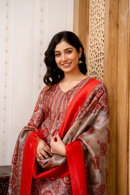 red grey Manipuri silk printed kurta pant dupatta set