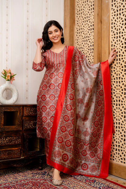 stylish red grey silk kurta set ethnic wear
