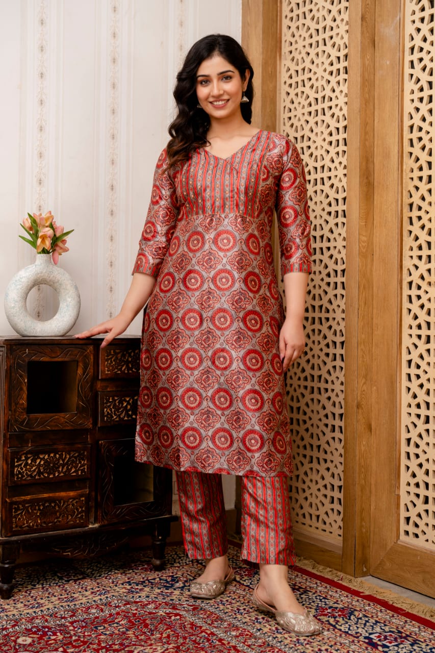 red grey kurta pant dupatta festive wear
