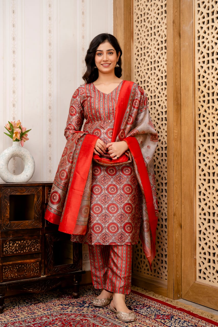 women red grey ethnic kurta set premium wear