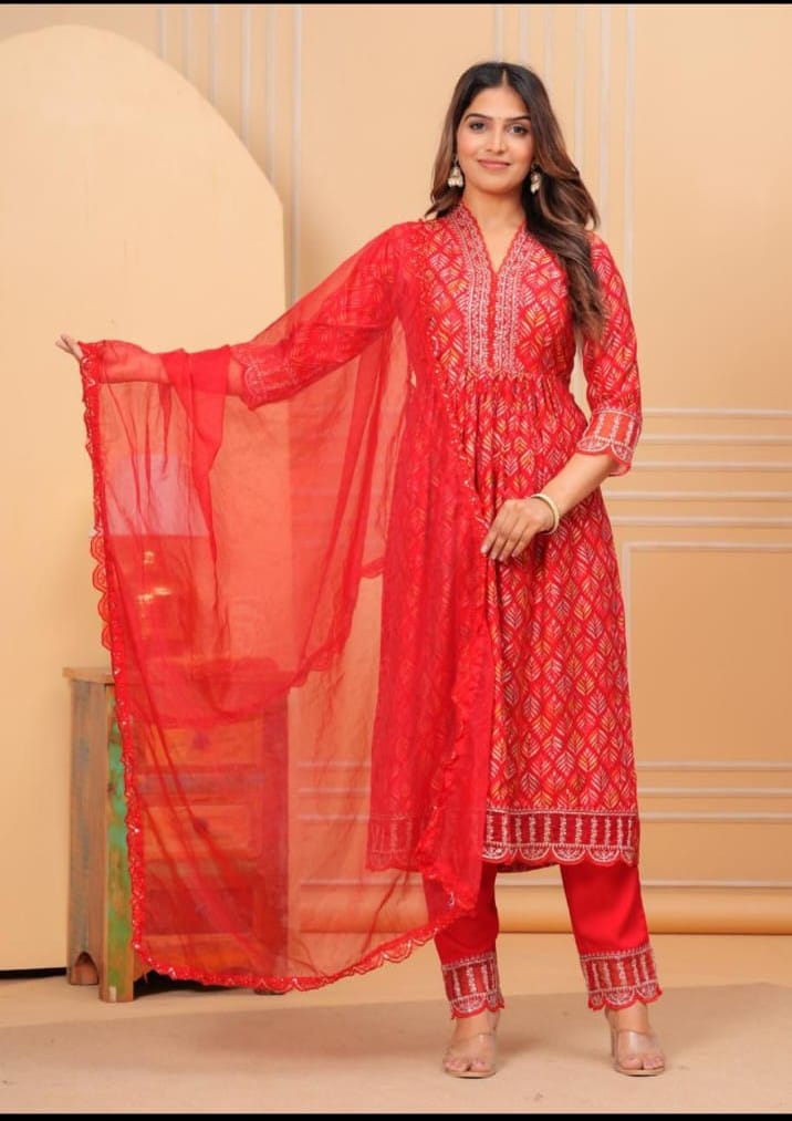 buy red cotton kurta set with pant and dupatta for women
