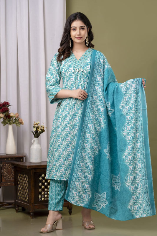 buy sea green cotton A-line kurta set with pant and dupatta