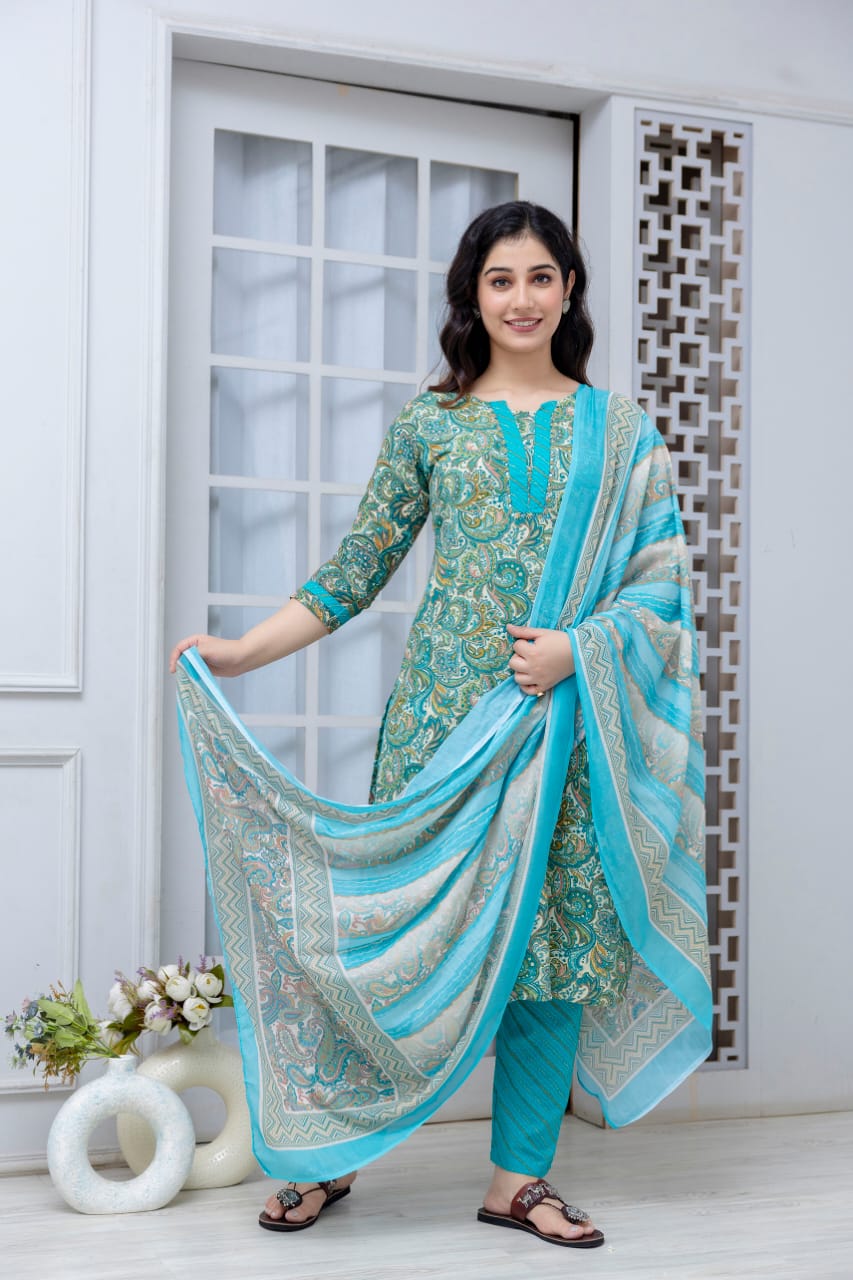 stylish sea green cotton kurta set ethnic wear