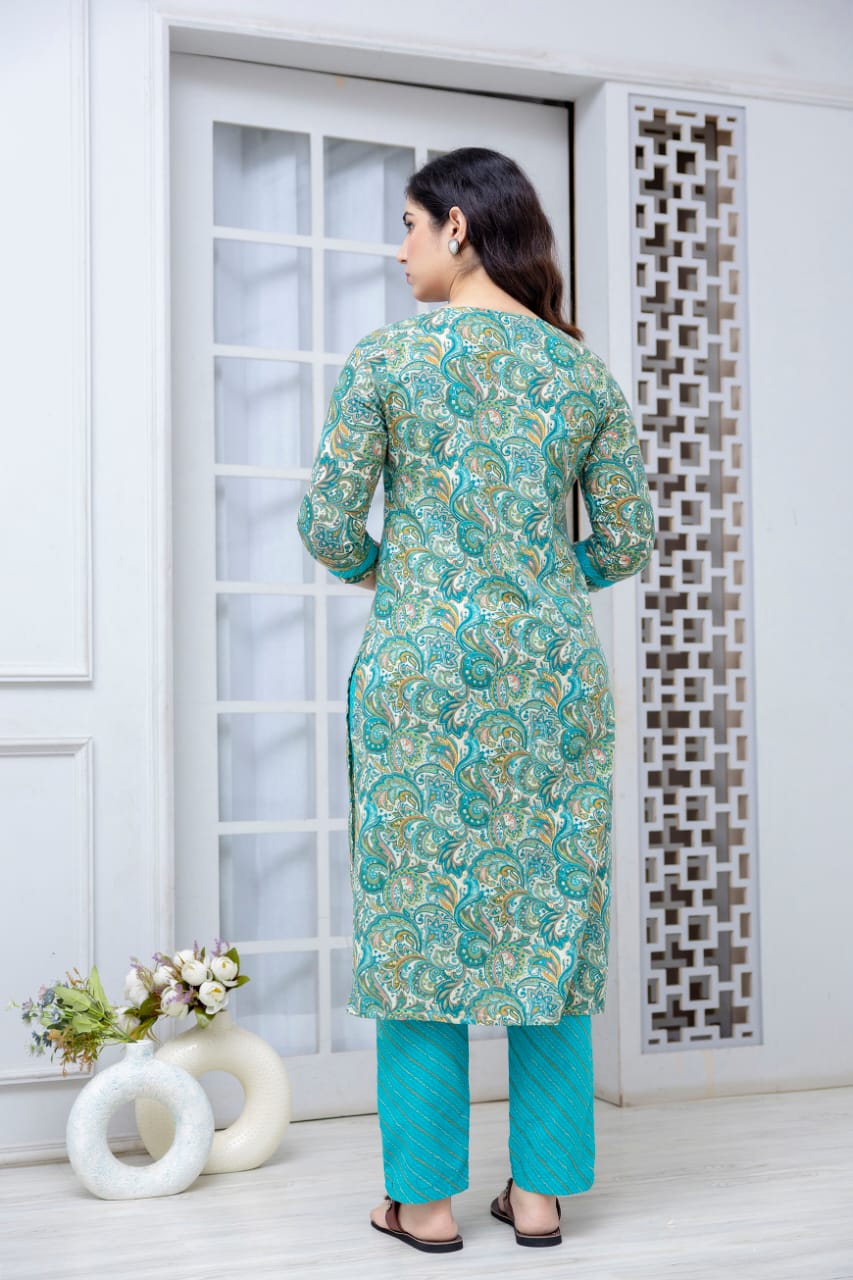 sea green kurta set front print detail