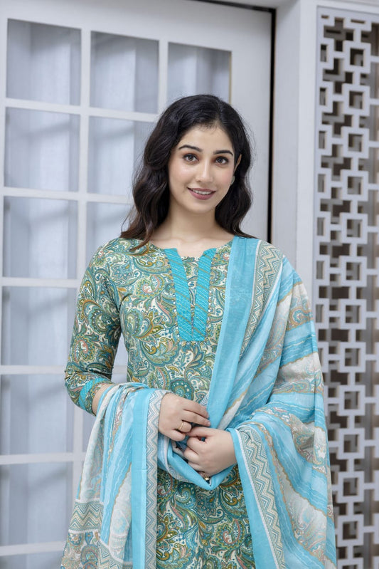 buy sea green cotton kurta set with pant and printed dupatta
