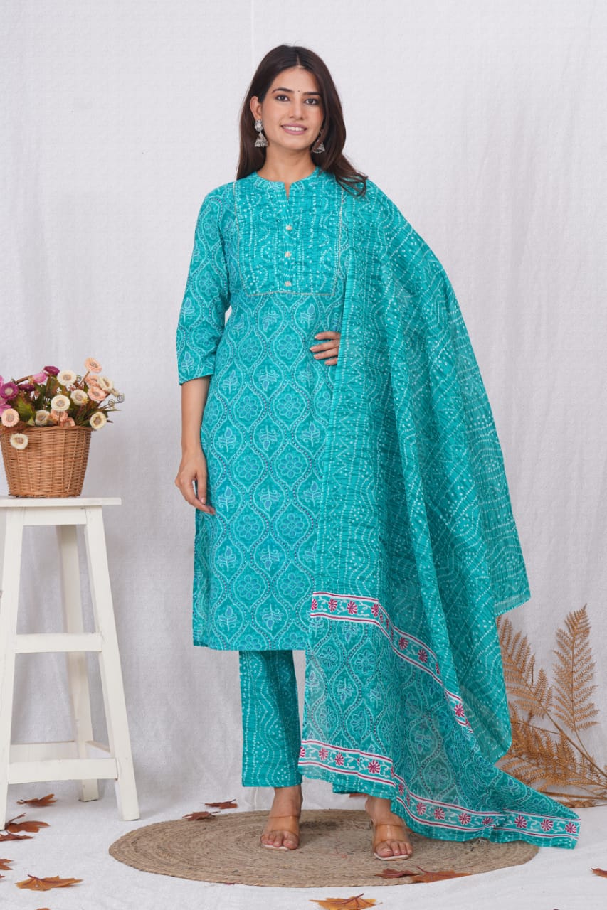 Women sky blue bandhani kurta set with dupatta