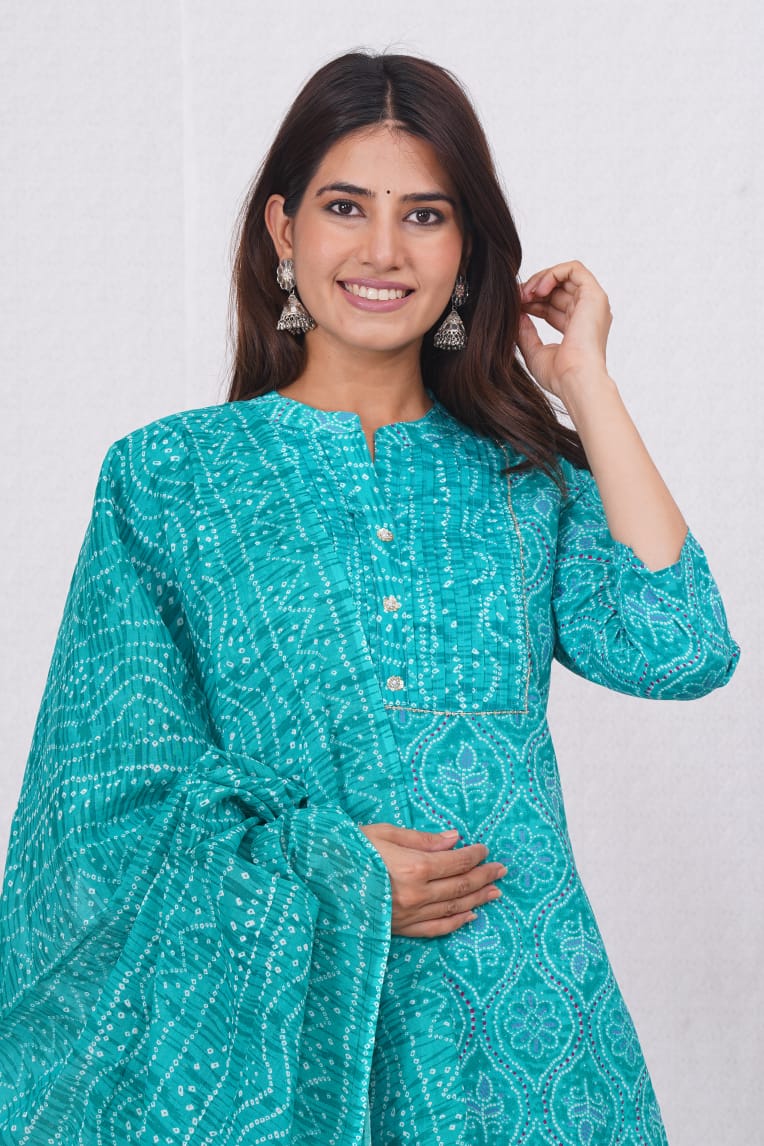Sky blue cotton bandhej kurta pant dupatta ethnic wear