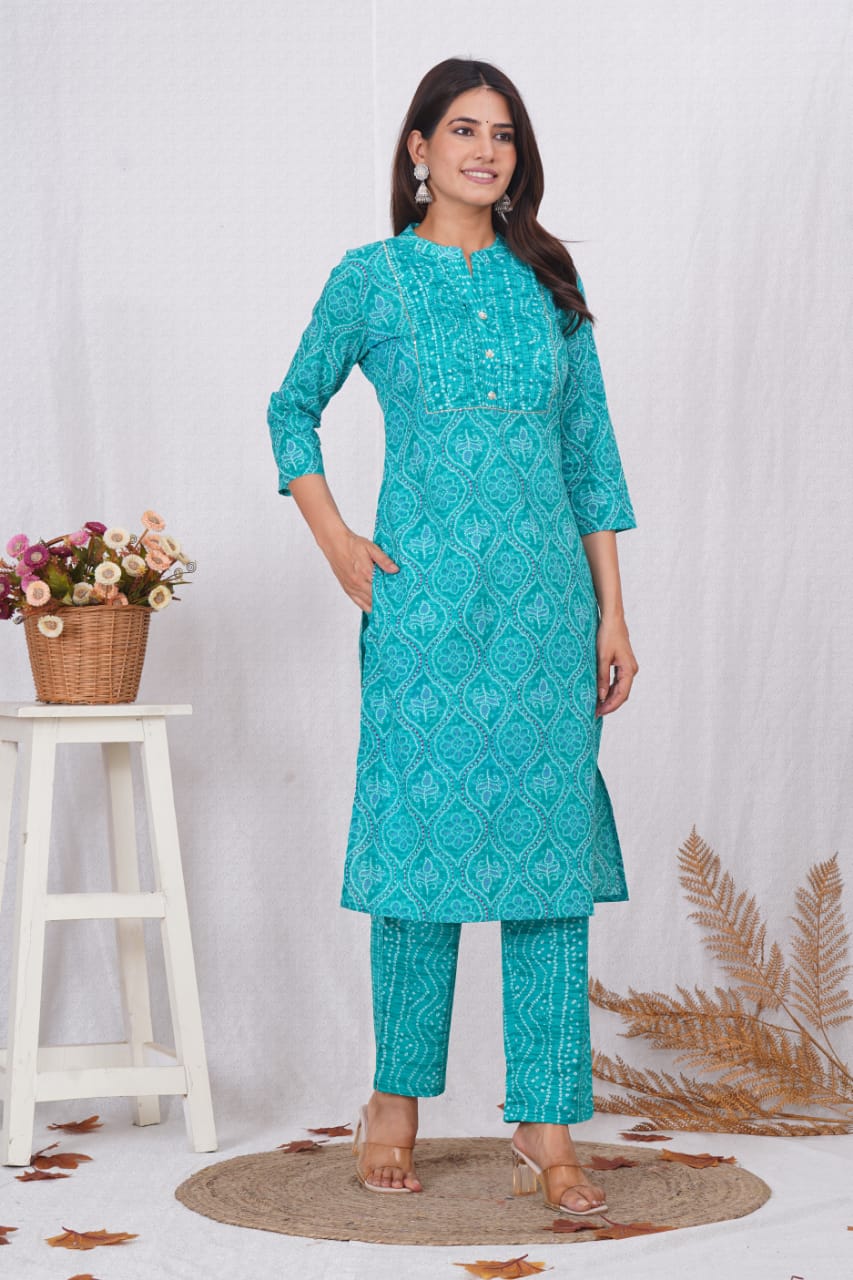 Sky blue bandhej kurta pant dupatta traditional outfit