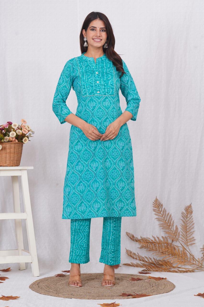 Comfortable sky blue bandhej kurta set women ethnic wear