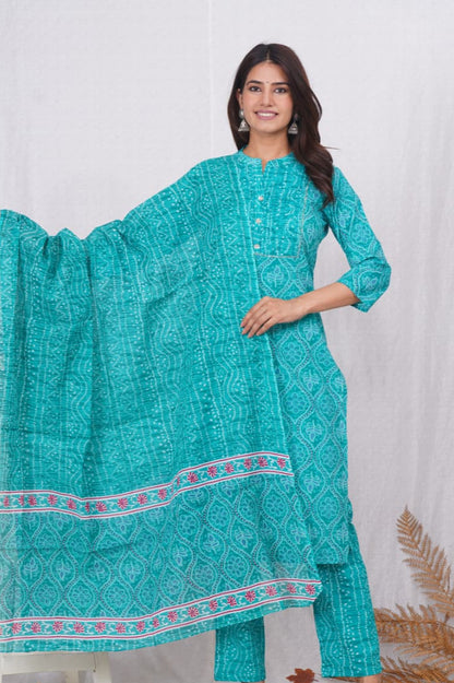 Sky blue bandhej kurta pant dupatta set for women