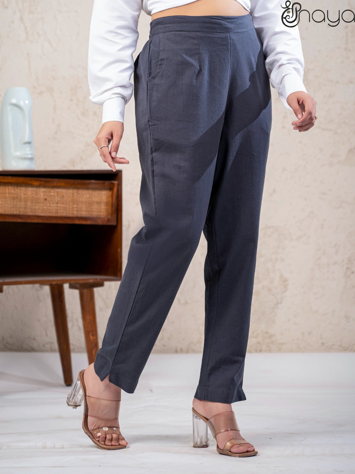 Smoke grey cotton linen straight fit pants daily wear